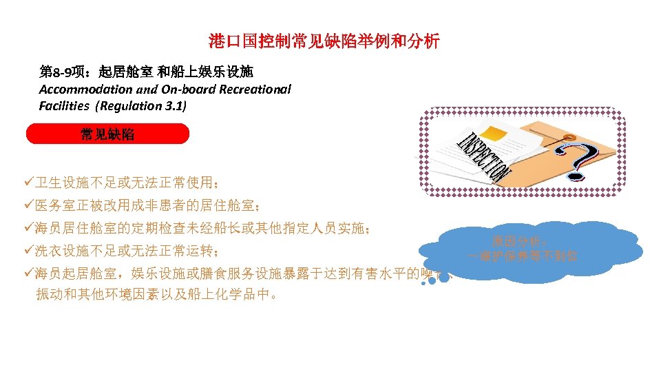港口国控制常见缺陷举例和分析 第 8 -9项：起居舱室 和船上娱乐设施 Accommodation and On-board Recreational Facilities (Regulation 3. 1) 常见缺陷