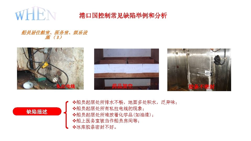 港口国控制常见缺陷举例和分析 船员居住舱室、医务室、娱乐设 施 （ 3） 私拉电线 缺陷描述 药品架空 v船员起居处所排水不畅，地面多处积水，泛异味； v船员起居处所有私拉电线的现象； v船员起居处所堆放着化学品(如油漆)； v船上医务室被当作船员房间等； v冰库胶条密封不好。 胶条不密封