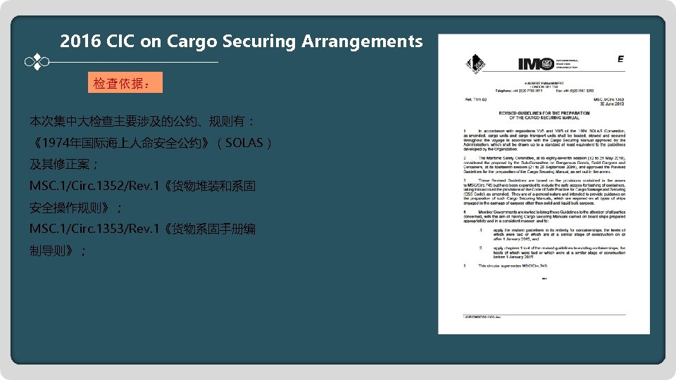 2016 CIC on Cargo Securing Arrangements 检查依据： 本次集中大检查主要涉及的公约、规则有： 《1974年国际海上人命安全公约》（SOLAS） 及其修正案； MSC. 1/Circ. 1352/Rev. 1《货物堆装和系固