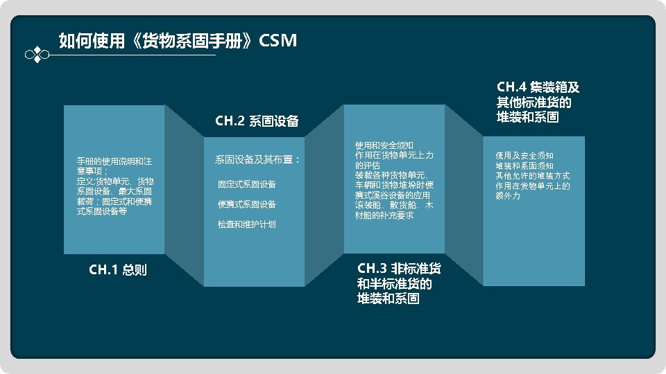 如何使用《货物系固手册》CSM CH. 4 集装箱及 其他标准货的 堆装和系固 CH. 2 系固设备 手册的使用说明和注 意事项； 定义: 货物单元、货物 系固设备、最大系固