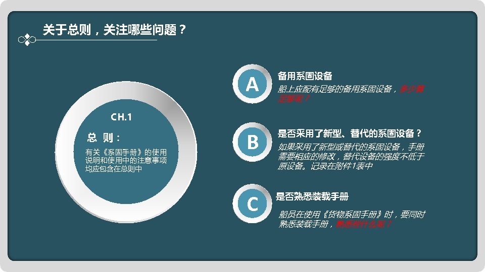 关于总则，关注哪些问题？ A 备用系固设备 B 是否采用了新型、替代的系固设备？ C 是否熟悉装载手册 船上应配有足够的备用系固设备，多少算 足够呢？ CH. 1 总 则： 有关《系固手册》的使用