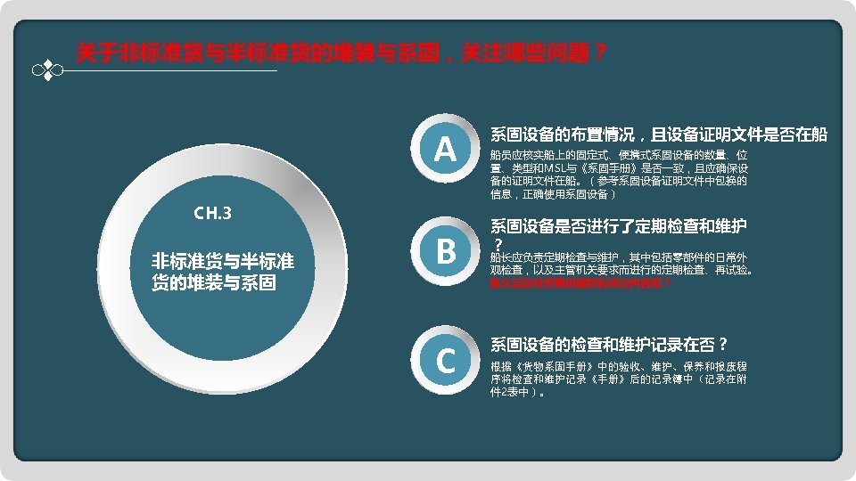 关于非标准货与半标准货的堆装与系固，关注哪些问题？ A CH. 3 非标准货与半标准 货的堆装与系固 B C 系固设备的布置情况，且设备证明文件是否在船 船员应核实船上的固定式、便携式系固设备的数量、位 置、类型和MSL与《系固手册》是否一致，且应确保设 备的证明文件在船。（参考系固设备证明文件中包换的 信息，正确使用系固设备） 系固设备是否进行了定期检查和维护