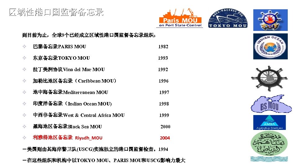 区域性港口国监督备忘录 到目前为止，全球9个已经成立区域性港口国监督备忘录组织： v 巴黎备忘录PARIS MOU 1982 v 东京备忘录TOKYO MOU 1993 v 拉丁美洲协议Vina del Mar