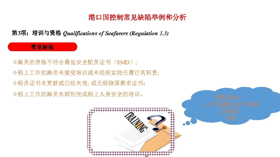 港口国控制常见缺陷举例和分析 第 3项：培训与资格 Qualifications of Seafarers (Regulation 1. 3) 常见缺陷 海员的资格不符合最低安全配员证书（SMD）; 船上 作的海员未接受培训或未经核实胜任履行其职责; 船员证书未更新或已经失效;