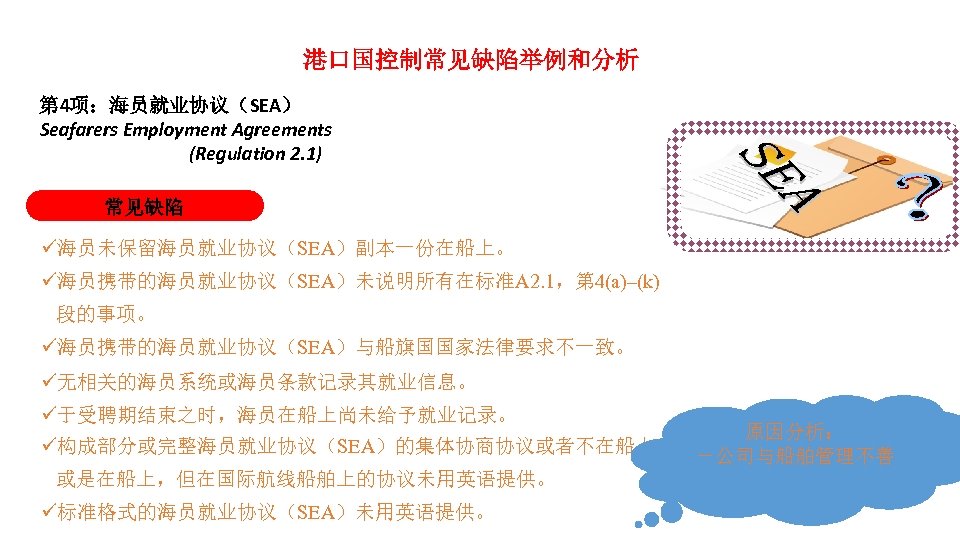 港口国控制常见缺陷举例和分析 第 4项：海员就业协议（SEA） Seafarers Employment Agreements (Regulation 2. 1) 常见缺陷 海员未保留海员就业协议（SEA）副本一份在船上。 海员携带的海员就业协议（SEA）未说明所有在标准A 2. 1，第
