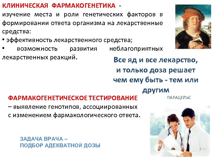 КЛИНИЧЕСКАЯ ФАРМАКОГЕНЕТИКА изучение места и роли генетических факторов в формировании ответа организма на лекарственные