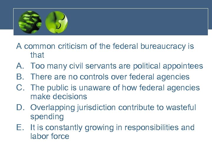 A common criticism of the federal bureaucracy is that A. Too many civil servants