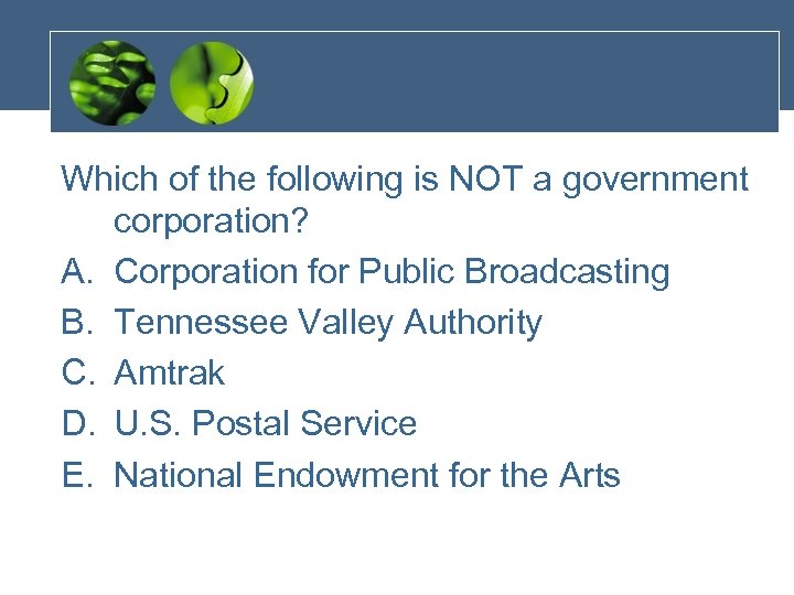 Which of the following is NOT a government corporation? A. Corporation for Public Broadcasting