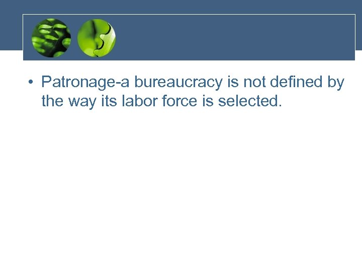  • Patronage-a bureaucracy is not defined by the way its labor force is