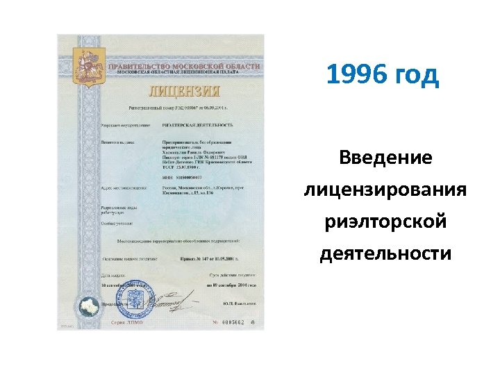 1996 год Введение лицензирования риэлторской деятельности 