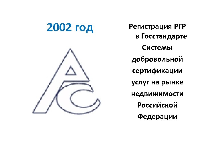 2002 год Регистрация РГР в Госстандарте Системы добровольной сертификации услуг на рынке недвижимости Российской