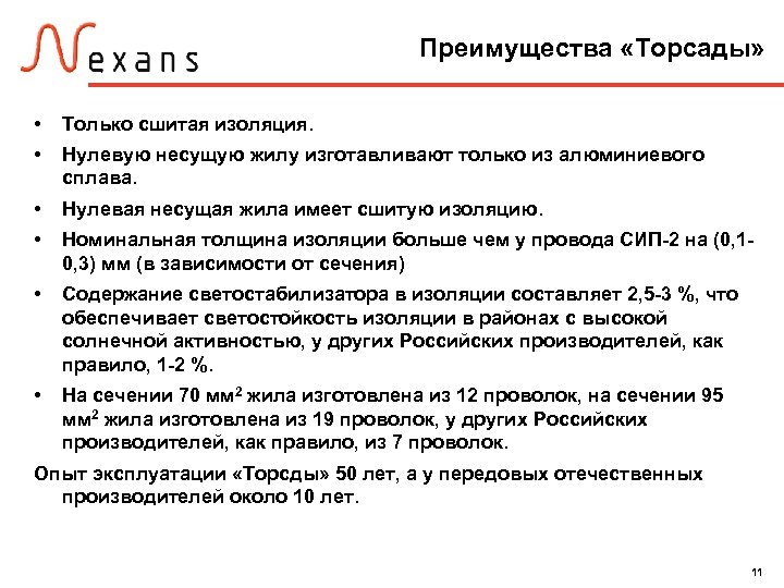 Преимущества «Торсады» • Только сшитая изоляция. • Нулевую несущую жилу изготавливают только из алюминиевого