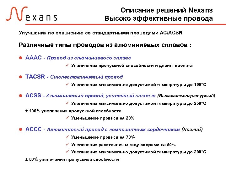 Описание решений Nexans Высоко эффективные провода Улучшения по сравнению со стандартными проводами АС/ACSR Различные
