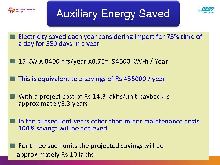 Auxiliary Energy Saved Electricity saved each year considering import for 75% time of a