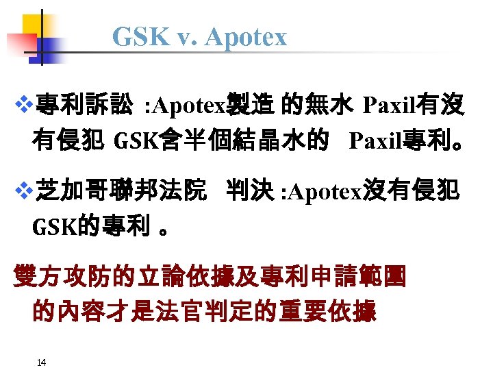 GSK v. Apotex v專利訴訟 : Apotex製造 的無水 Paxil有沒 有侵犯 GSK含半個結晶水的 Paxil專利。 v芝加哥聯邦法院 判決 :