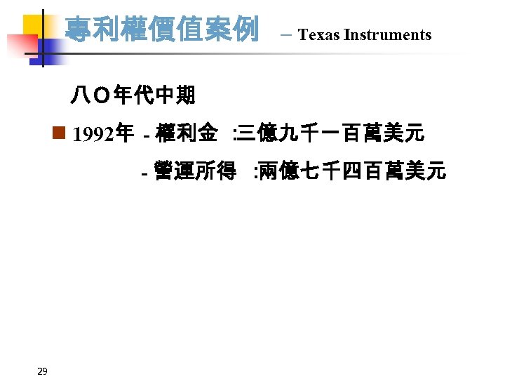 專利權價值案例 – Texas Instruments 八Ｏ年代中期 1992年 - 權利金 ： 三億九千一百萬美元 - 營運所得 ： 兩億七千四百萬美元