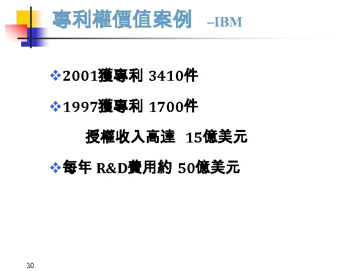 專利權價值案例 –IBM v 2001獲專利 3410件 v 1997獲專利 1700件 授權收入高達 15億美元 v每年 R&D費用約 50億美元 30