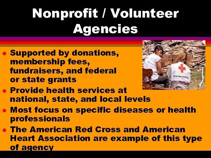 Nonprofit / Volunteer Agencies l l Supported by donations, membership fees, fundraisers, and federal