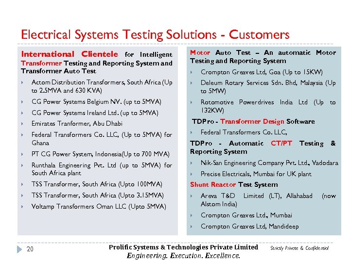 Electrical Systems Testing Solutions - Customers International Clientele for Intelligent Transformer Testing and Reporting