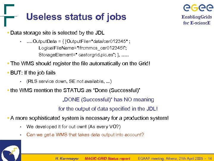 Useless status of jobs Enabling. Grids for E-scienc. E • Data storage site is