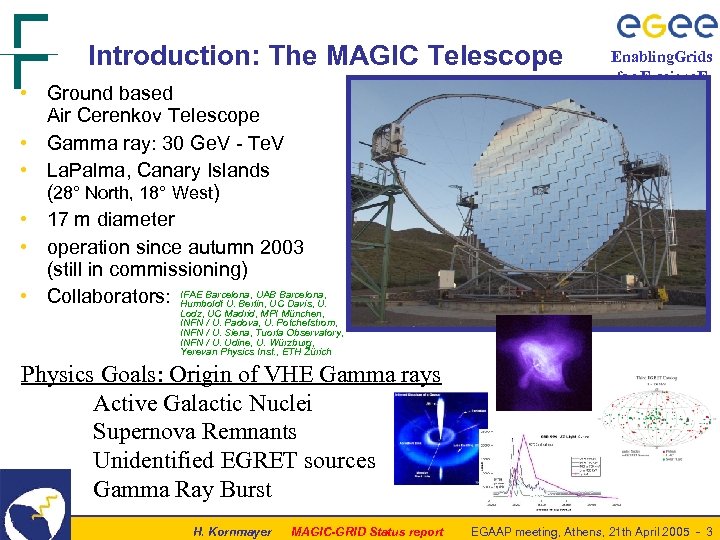 Introduction: The MAGIC Telescope • Ground based Air Cerenkov Telescope • Gamma ray: 30