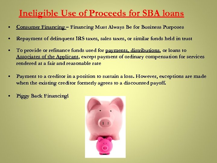 Ineligible Use of Proceeds for SBA loans • Consumer Financing – Financing Must Always