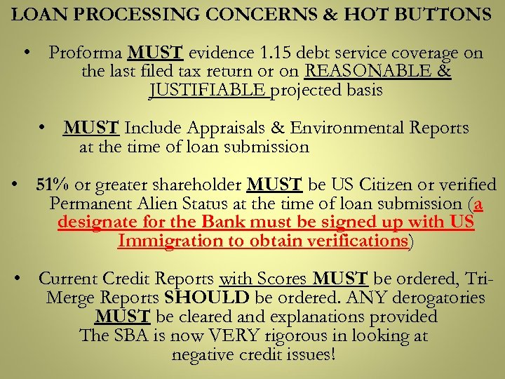 LOAN PROCESSING CONCERNS & HOT BUTTONS • Proforma MUST evidence 1. 15 debt service