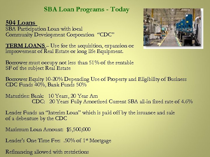 SBA Loan Programs - Today 504 Loans SBA Participation Loan with local Community Development