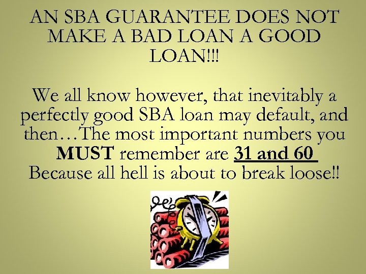 AN SBA GUARANTEE DOES NOT MAKE A BAD LOAN A GOOD LOAN!!! We all
