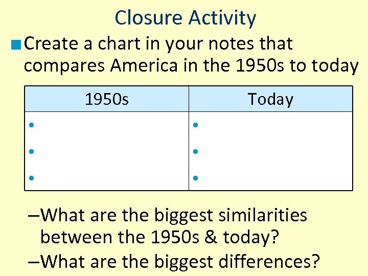 Closure Activity ■ Create a chart in your notes that compares America in the