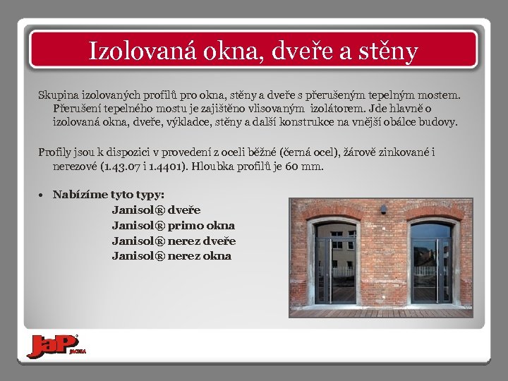 Izolovaná okna, dveře a stěny Skupina izolovaných profilů pro okna, stěny a dveře s