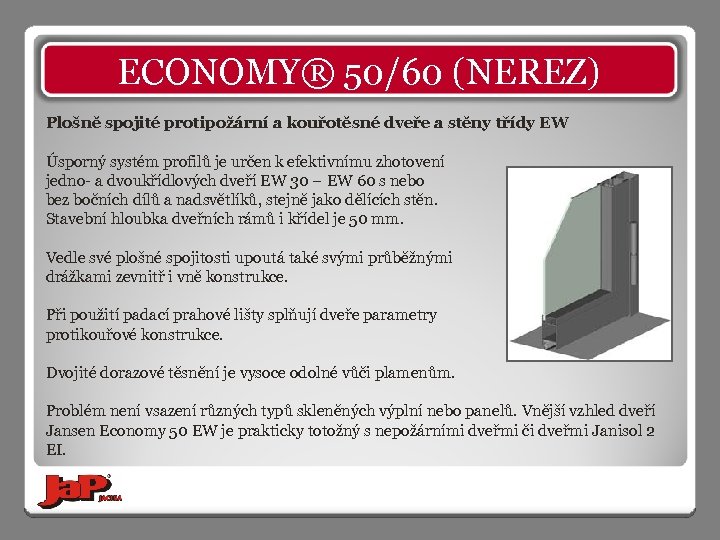 ECONOMY® 50/60 (NEREZ) Plošně spojité protipožární a kouřotěsné dveře a stěny třídy EW Úsporný