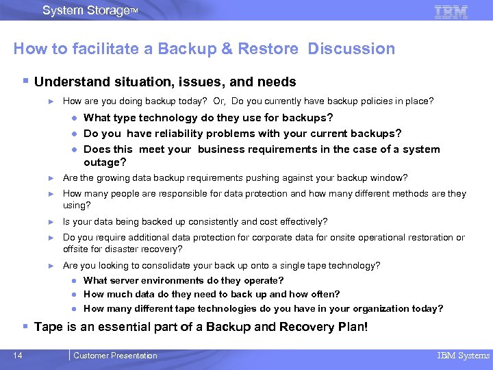 System Storage. TM How to facilitate a Backup & Restore Discussion § Understand situation,