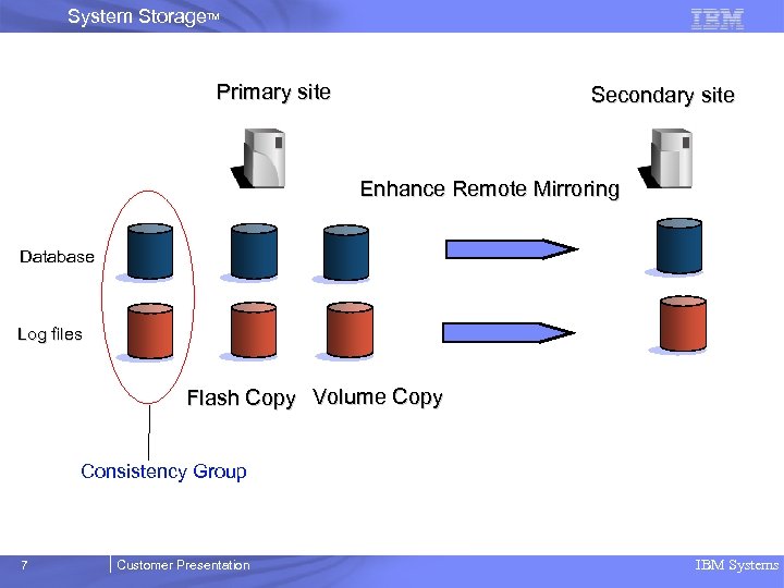 System Storage. TM Primary site Secondary site Enhance Remote Mirroring Database Log files Flash