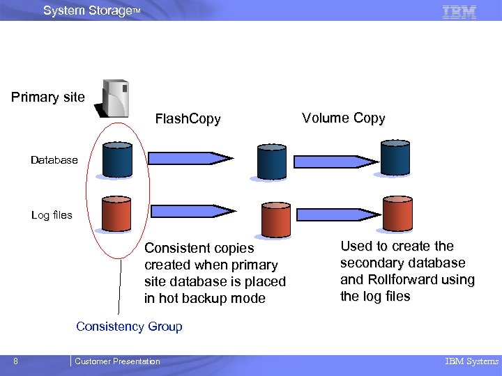 System Storage. TM Primary site Flash. Copy Volume Copy Database Log files Consistent copies