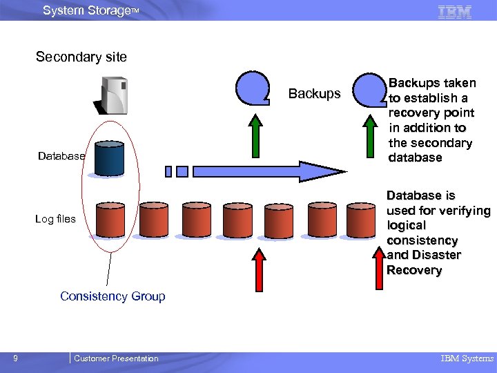 System Storage. TM Secondary site Backups Database Log files Backups taken to establish a