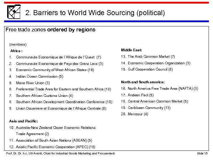 2. Barriers to World Wide Sourcing (political) Free trade zones ordered by regions (members)