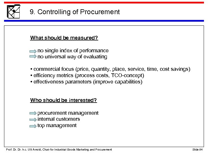 9. Controlling of Procurement What should be measured? no single index of performance no