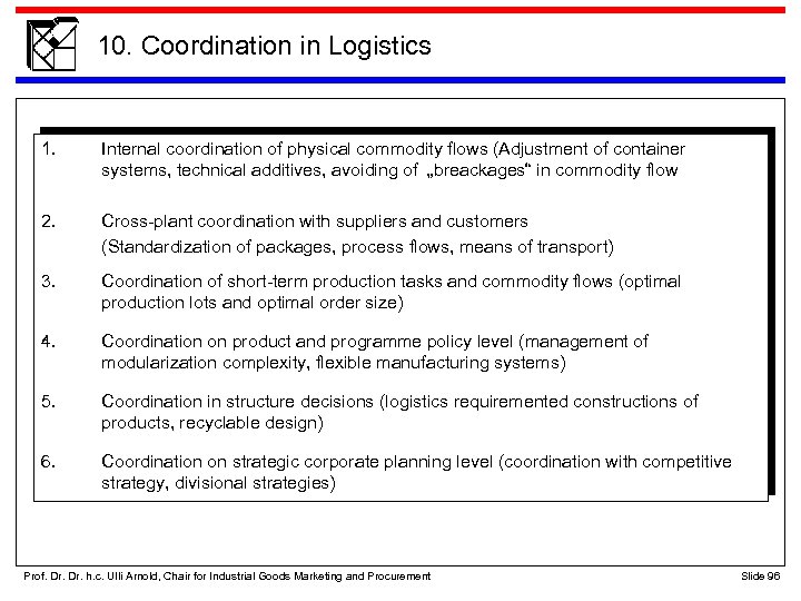 10. Coordination in Logistics 1. Internal coordination of physical commodity flows (Adjustment of container