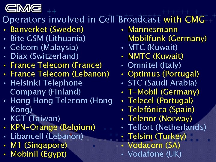 Operators involved in Cell Broadcast with CMG • • • • Banverket (Sweden) Bite