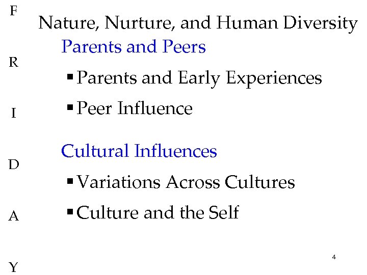 F R I D A Y Nature, Nurture, and Human Diversity Parents and Peers