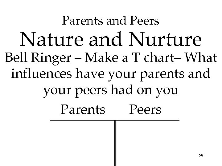 Parents and Peers Nature and Nurture Bell Ringer – Make a T chart– What