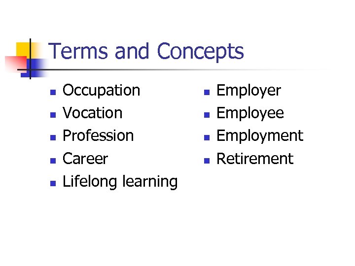 Terms and Concepts n n n Occupation Vocation Profession Career Lifelong learning n n