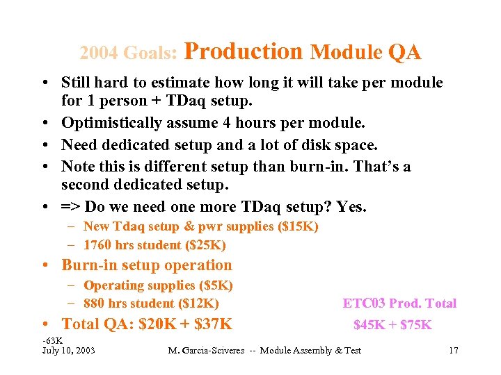 2004 Goals: Production Module QA • Still hard to estimate how long it will