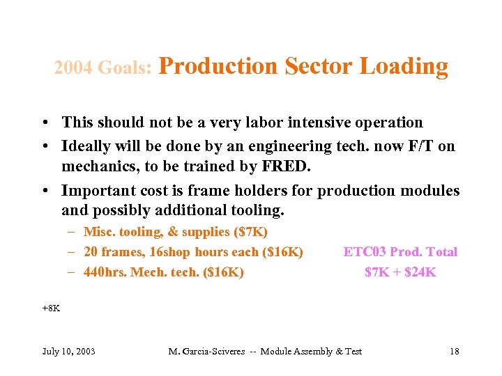 2004 Goals: Production Sector Loading • This should not be a very labor intensive