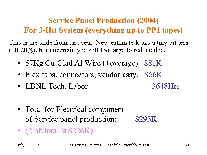 Service Panel Production (2004) For 3 -Hit System (everything up to PP 1 tapes)