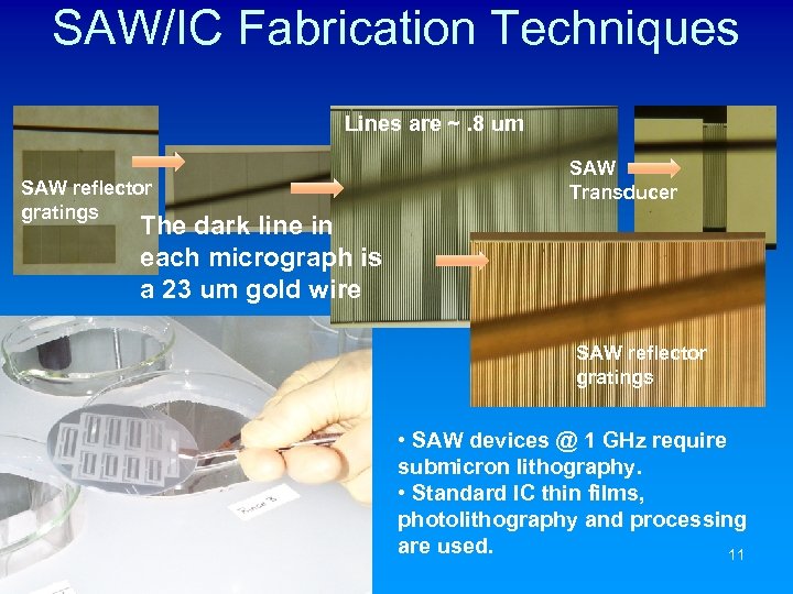 SAW/IC Fabrication Techniques Lines are ~. 8 um SAW reflector gratings SAW Transducer The