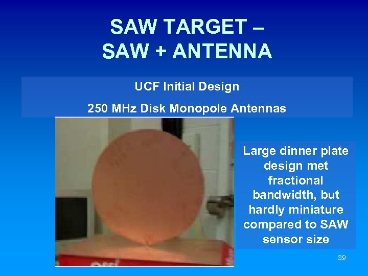 SAW TARGET – SAW + ANTENNA UCF Initial Design 250 MHz Disk Monopole Antennas