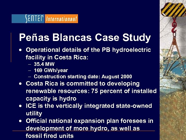 Peñas Blancas Case Study · Operational details of the PB hydroelectric facility in Costa
