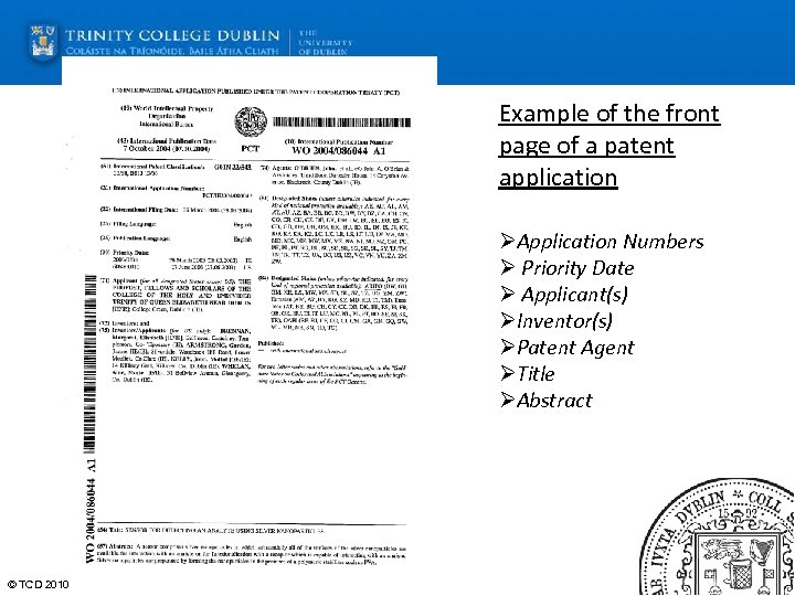 Example of the front page of a patent application ØApplication Numbers Ø Priority Date
